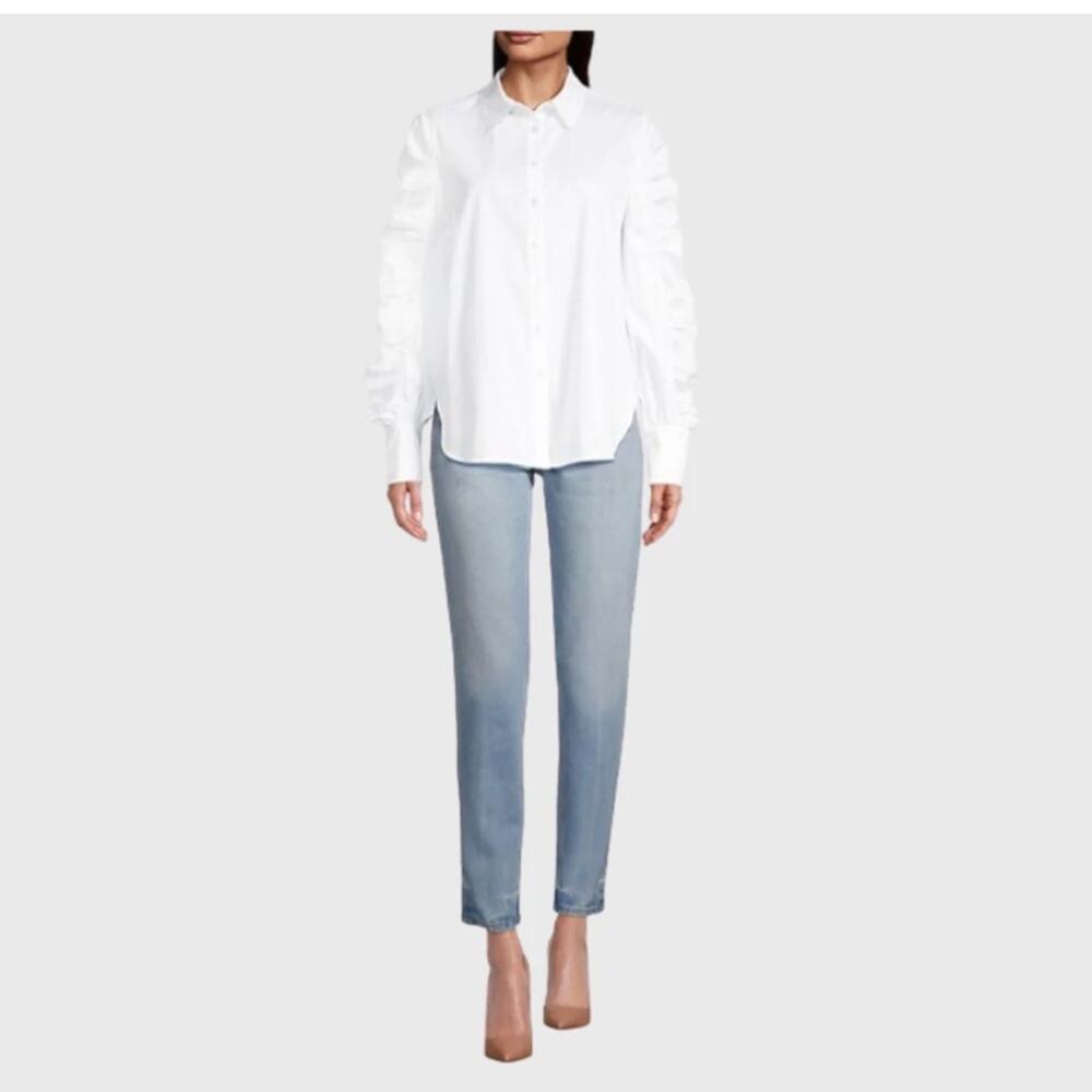 Harshman Juliana White Cotton Ruched Sleeve Shirt NWT M